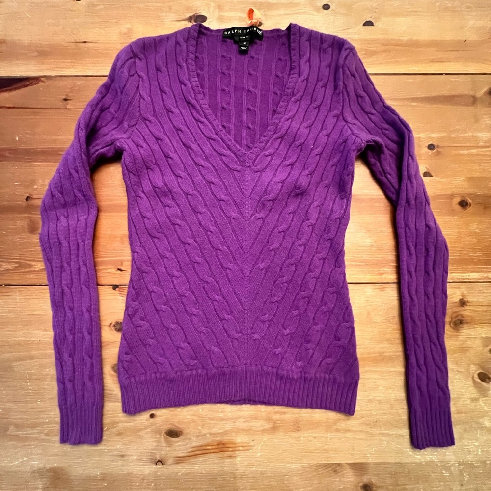 Ralph Lauren Deep Purple Cable Knit V-Neck 100% Cashmere Sweater size Medium